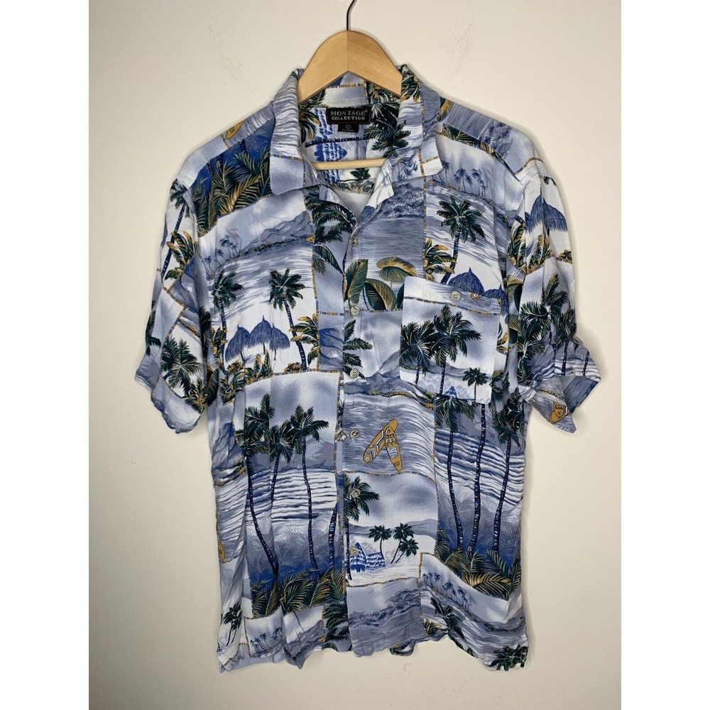 Montage Collection Mens Large Hawaiian Shirt Surf Boards Palm Trees Rayon